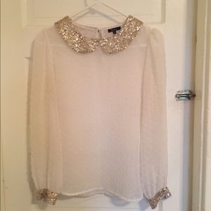 White dress blouse with gold sequined collar